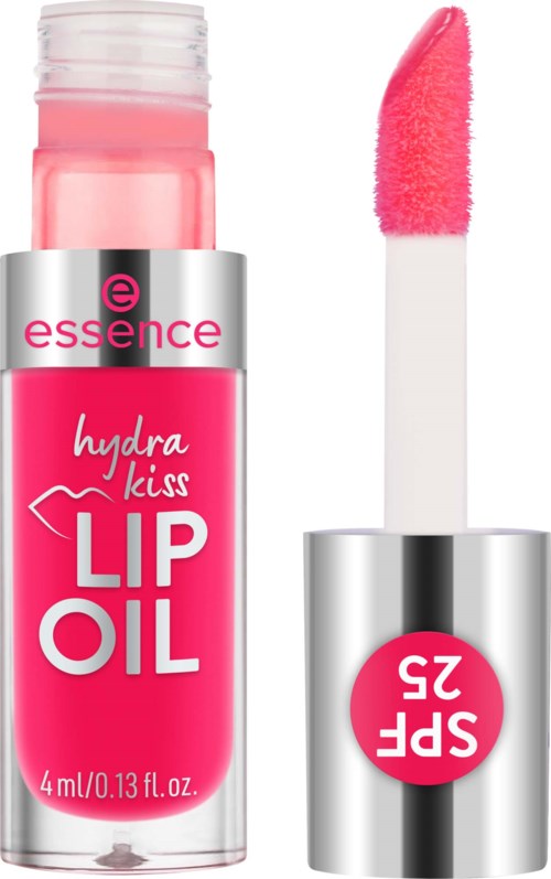 A pink lip gloss with a wands applicator outside a silver cap. The label reads 'Hydra Kiss Lip Oil' and 'SPF 25'.