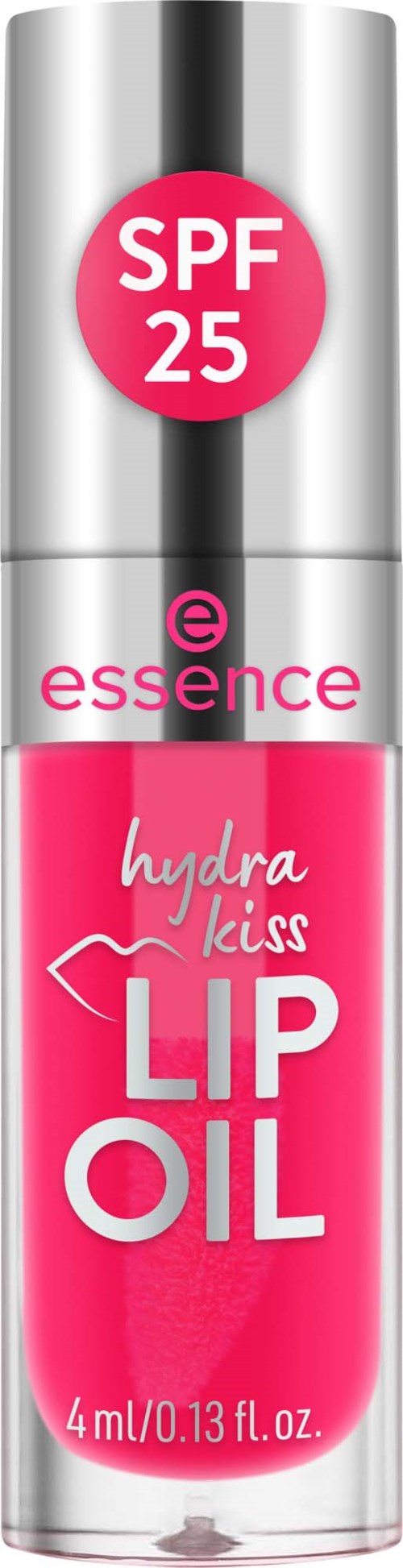 Lip oil in pink bottle with SPF 25 and hydration label from Essence.