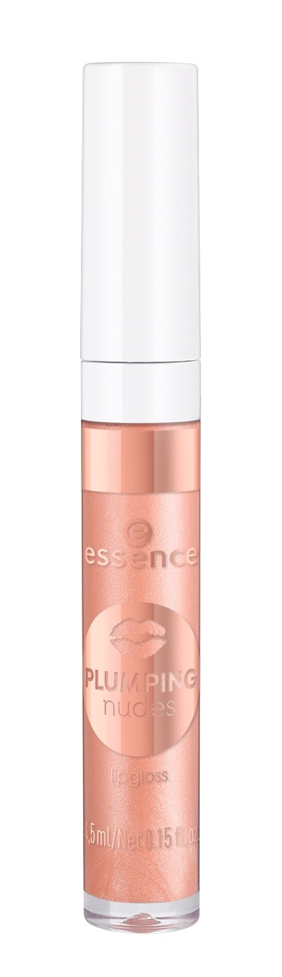 En liten tub med Essence läppglans märkt 'Plumping Nude' i rosa färg med vit lock.