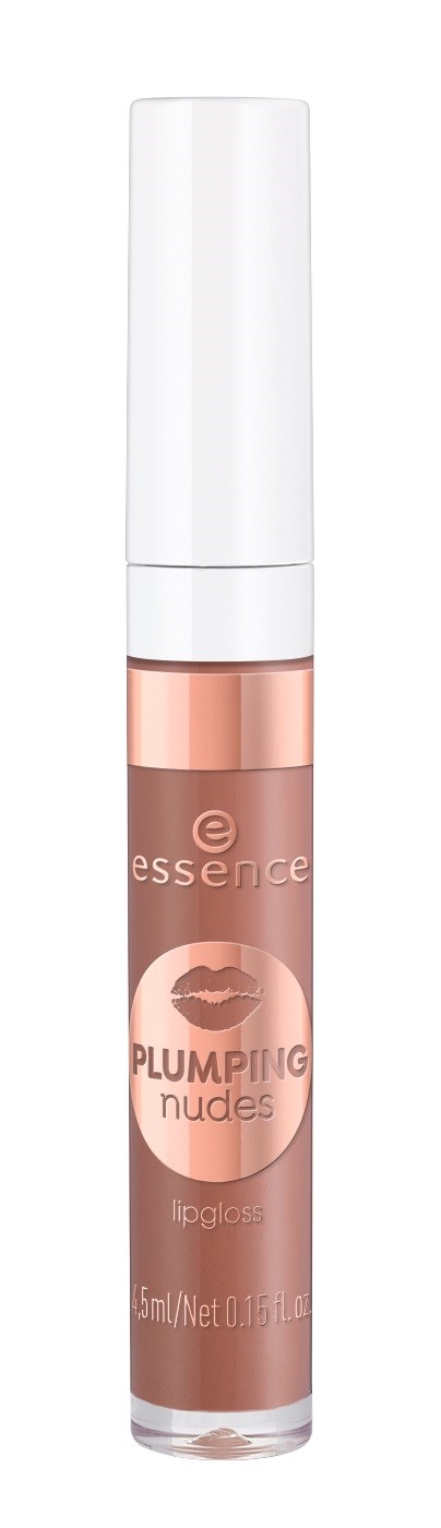 En liten tub läppglans med vit lock och rosaaktig produkt inuti, märkt 'Plumping Nudes'.
