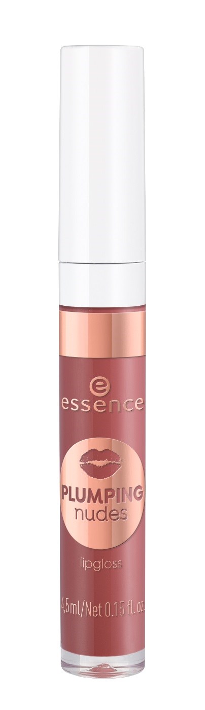 Ett läppglans med en rosa nyans och vit lock, märkt 'Plumping Nudes' av Essence.