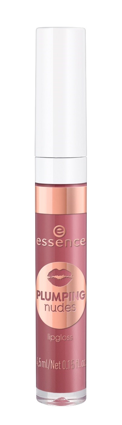 En läppglansrör med vit kork och rosa läpp-etikett, kallad 'Plumping Nudes' av Essence.