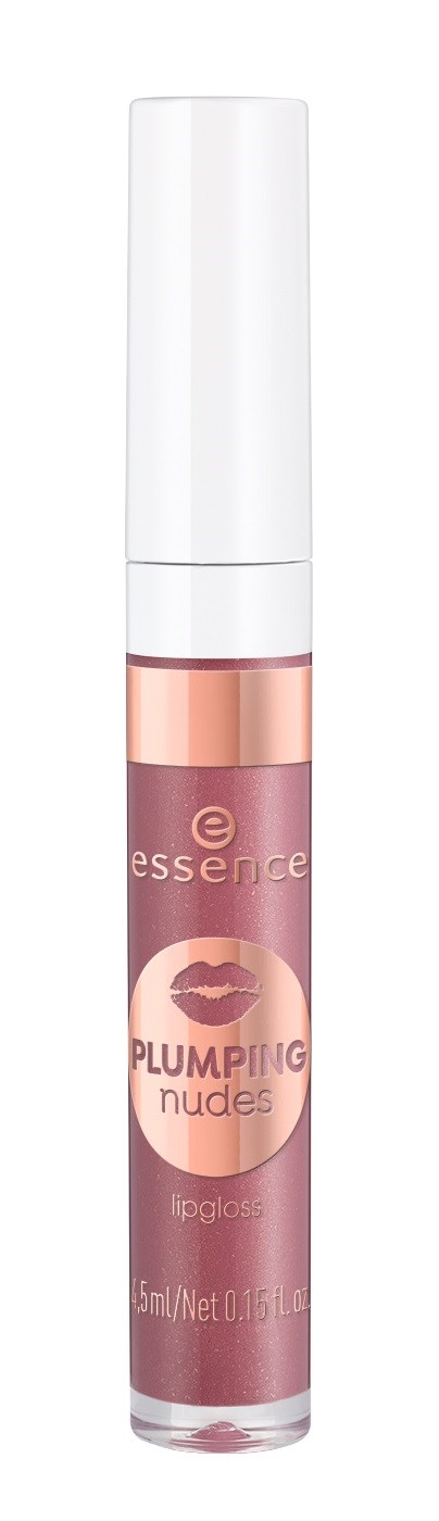 En läppglanstub med rosa nyans och vit kork, märkt "plumping nudes" av Essence.