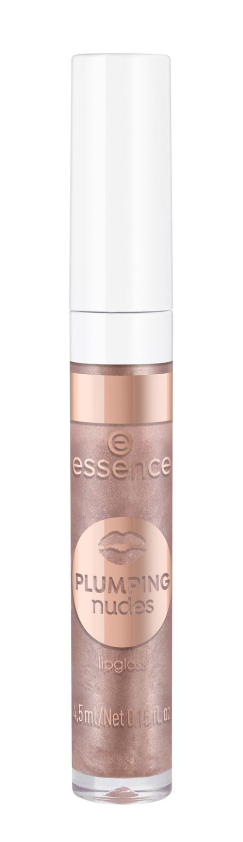 En væske i en klar tube med hvit lokk merket 'Plumping Nudes' og 'essence' i sølvfarge.
