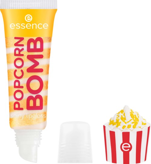 En tub med popcorn-doftande läppbalsam och en liten behållare med popcorn och vispgrädde.