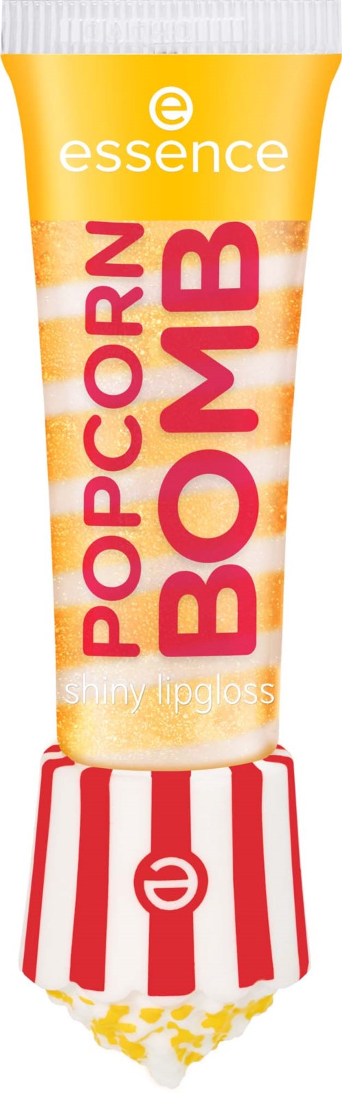 En tub med snackläppglans som heter Popcorn Bomb, med röd och vit randig design och gul hatt.