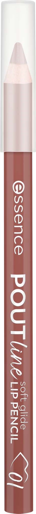 A pink lip gloss pencil labeled essence POUT Tüte soft glide. It has a heart on the lower part.