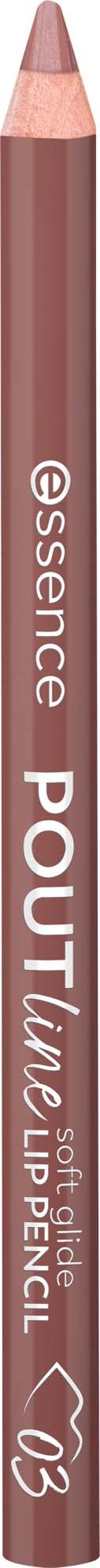 A brown lip pencil with white text saying essence poutful and soft glide. The pencil tip is sharpened.
