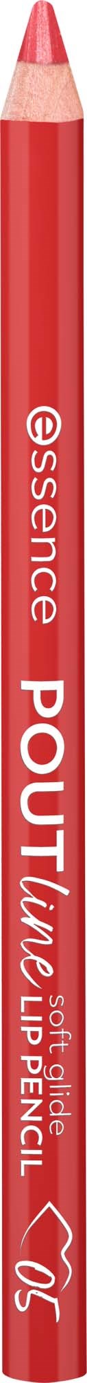A red lip pencil called Pout with soft glide, used for makeup, standing vertically.