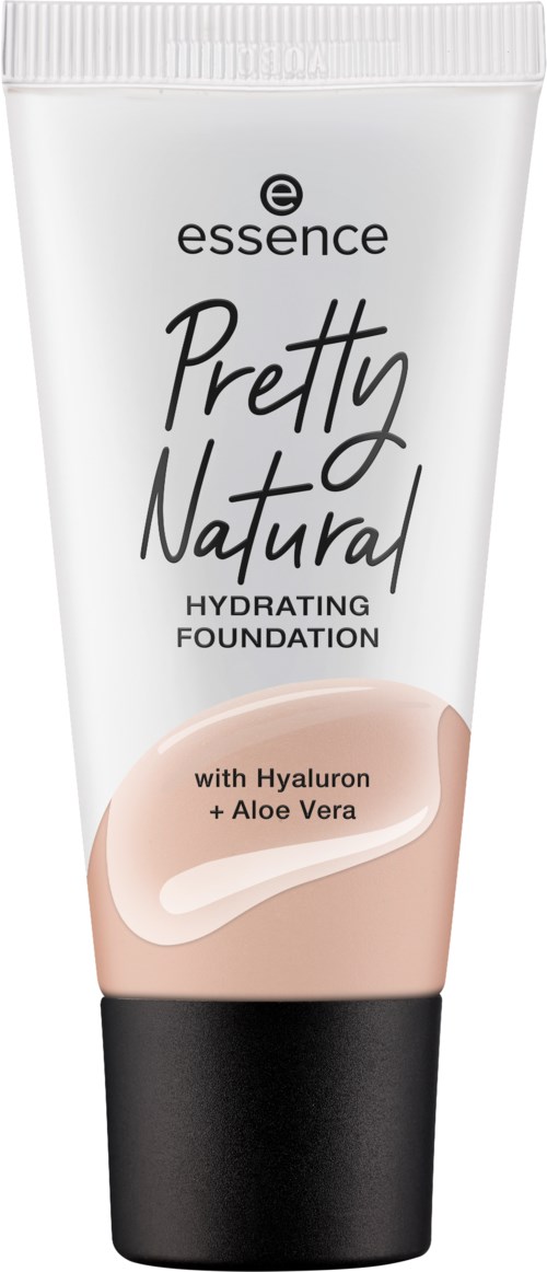 Biała tubka podkładu z czarną nakrętką, oznaczona 'Essence Pretty Natural Hydrating Foundation' z wzmiankami o kwasie hialuronowym i aloesie vera.
