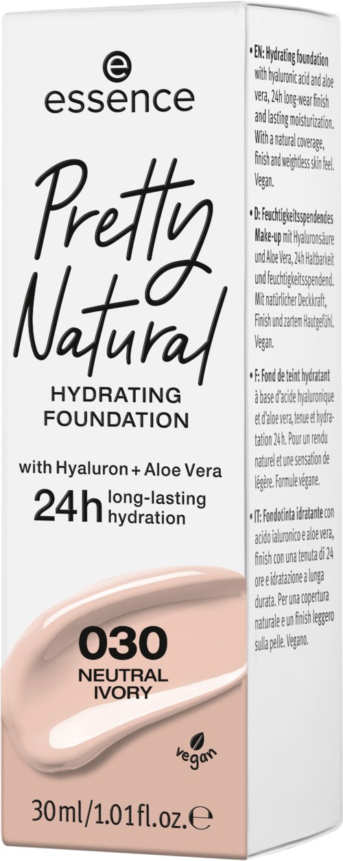 Tuba kremu marki Essence Pretty Natural Hydrating Foundation, odcień 030 Neutral Ivory, na 24 godziny nawilżenia.