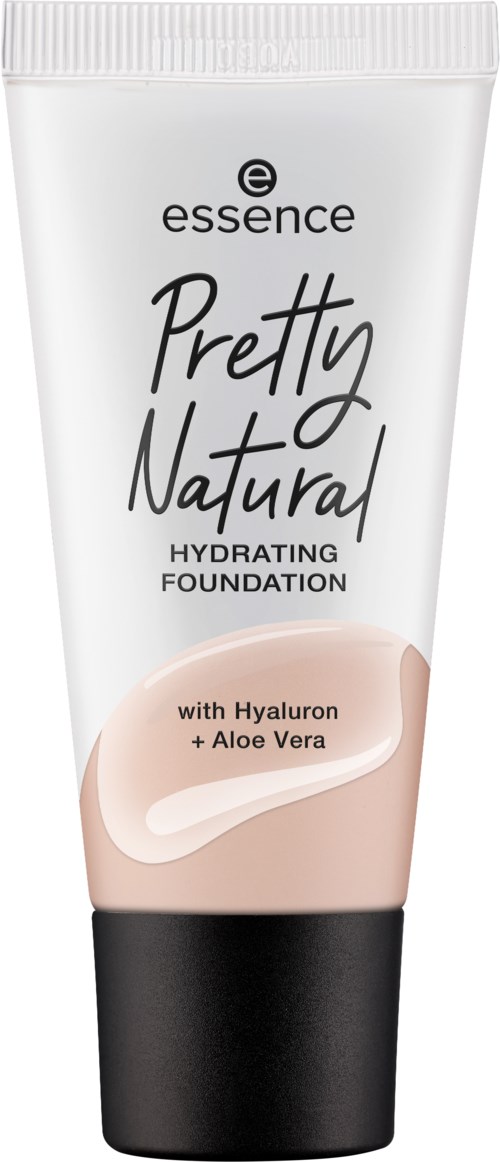 Biała tubka podkładu z napisem "Essence Pretty Natural" i czarną nakrętką, zawiera kwas hialuronowy i aloes.