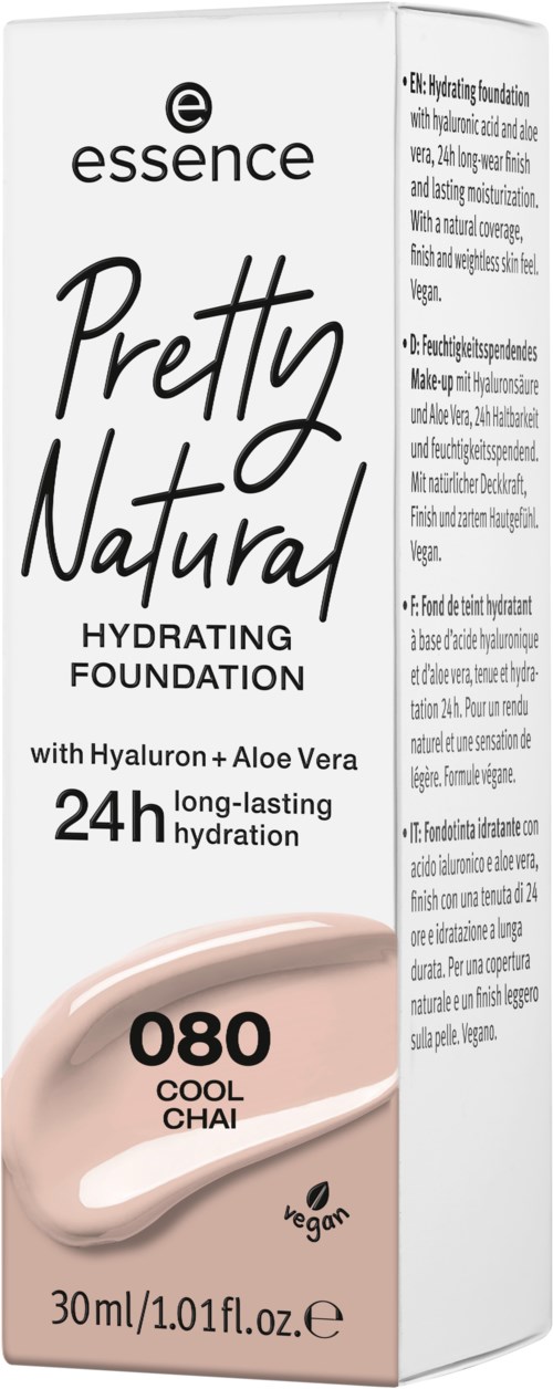 Pudełko produktu do makijażu Essence Pretty Natural Hydrating Foundation, odcień 080 Cool Chai, z aloesem i kwasem hialuronowym.