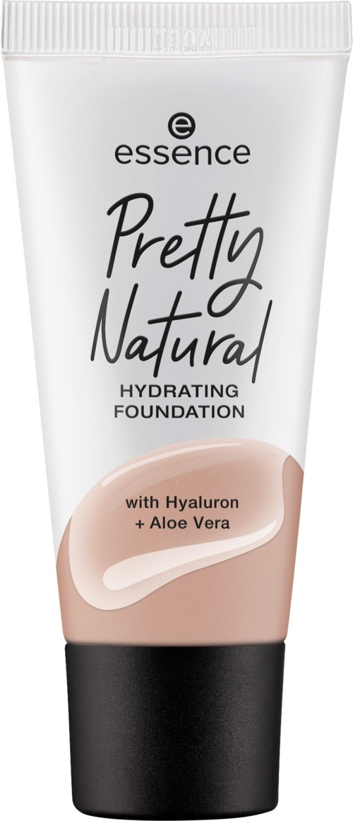 Butelka Essence Pretty Natural Hydrating Foundation z hybrydyną i aloesem. Jest głównie biały z czarnymi i beżowymi akcentami.