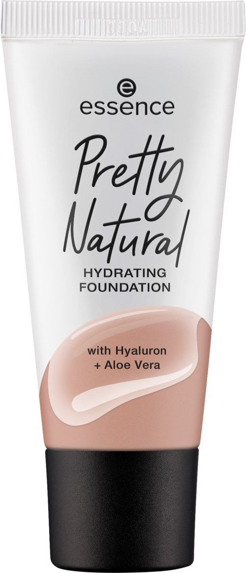 Eine weiße Tube mit Foundation und schwarzem Deckel, beschriftet mit 'Pretty Natural Hydrating Foundation' mit Aloe und Hyaluronsäure.