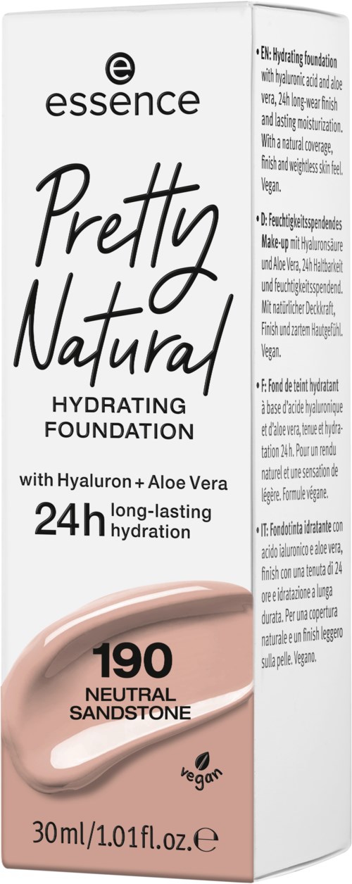 Ein Hautpflegeprodukt namens Essence Pretty Natural Hydrating Foundation mit Hyaluron und Aloe Vera, bietet 24 Stunden Feuchtigkeit.