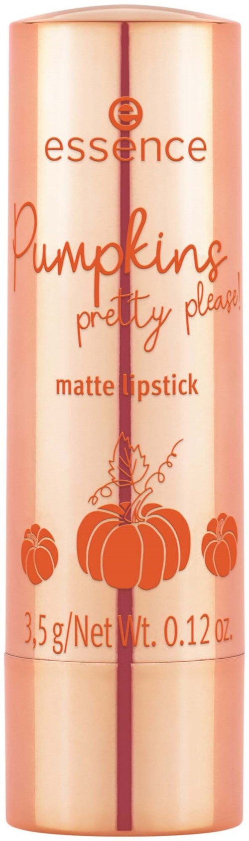 A lipstick tube with a pumpkin design and the words "Pumpkins pretty please" on it.