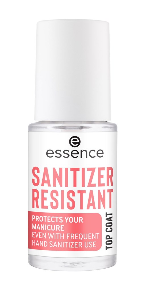 Liten klar flaska med vit lock, etiketten säger sanitizer-resistent, skyddar nagelvården, för ofta handsprit.