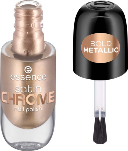 En nagellackflaska med glänsande, metallisk yta och svart lock med pensel.