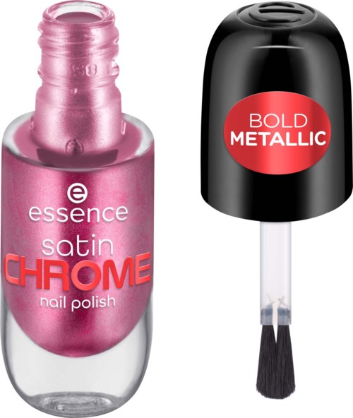 Rosafarvet neglelakkflaske merket 'essence satin CHROME' og en svart neglelakkhette med 'BOLD METALLIC' skrevet på.