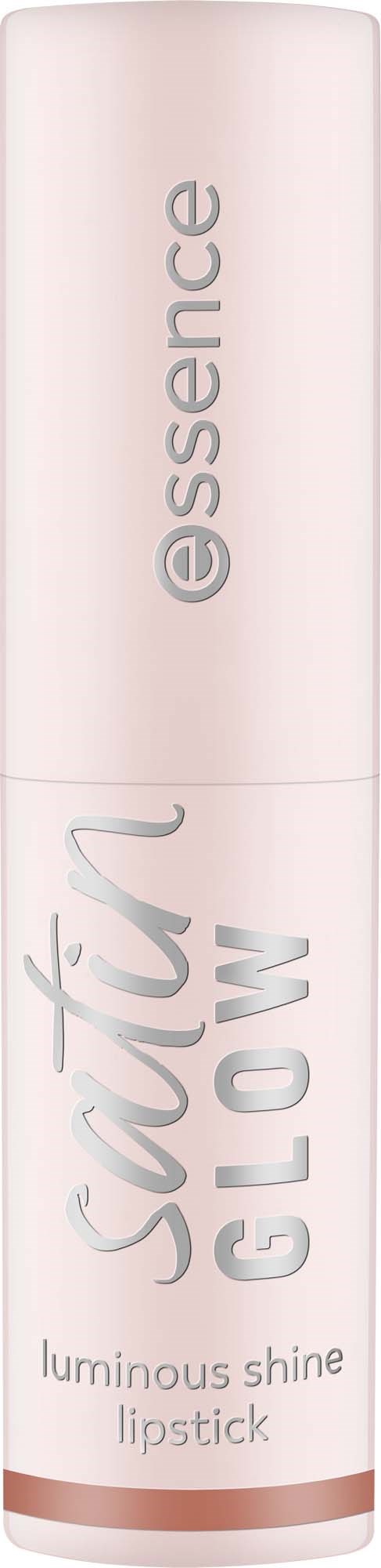 En cylindrisk läppstiftsrör med vit kropp, rosa bas och texten Essence Satin Glow på.