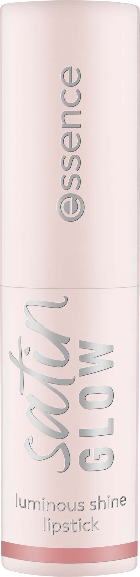 En hög, vit läppstiftstubb med rosa accenter och ord som essence, satin och glow.