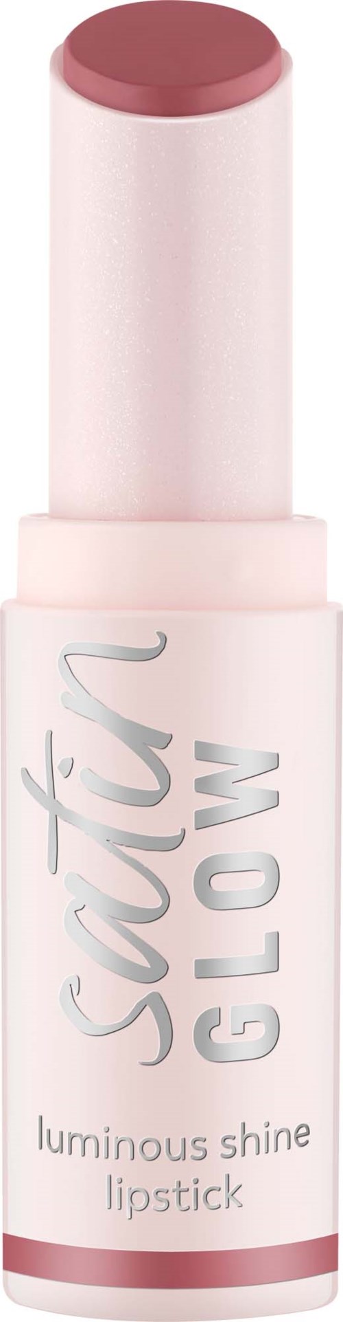 Ett rosa läppstift med etiketten 'Satin Glow Luminous Shine Lipstick' och läppstiftet är utfešt.