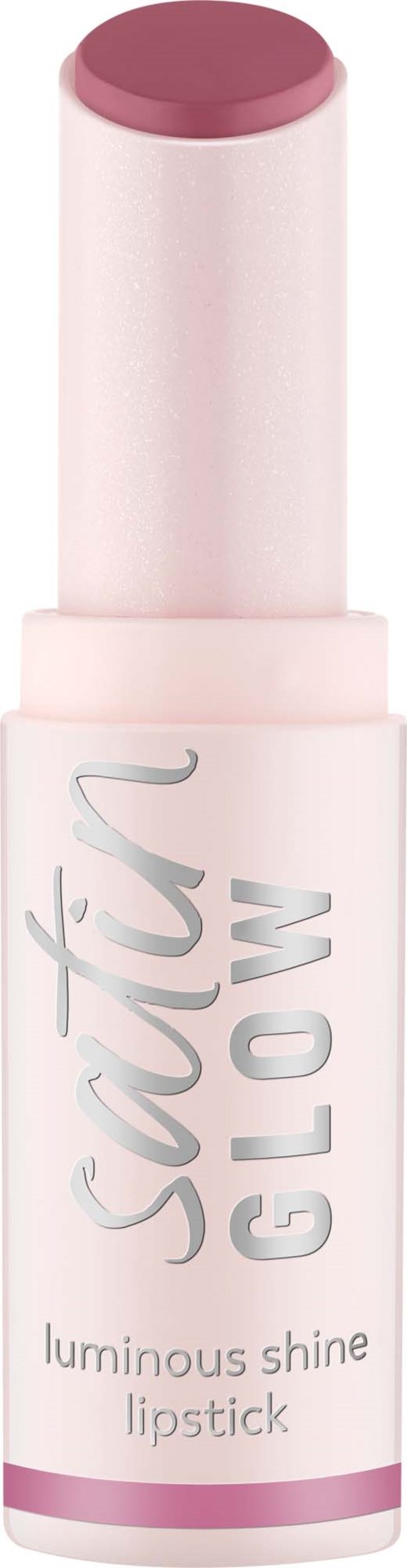 Rosa läppstift med glänkande silvertext och en ljus rosa behållare. Märket säger Save in glow, lysande glans.