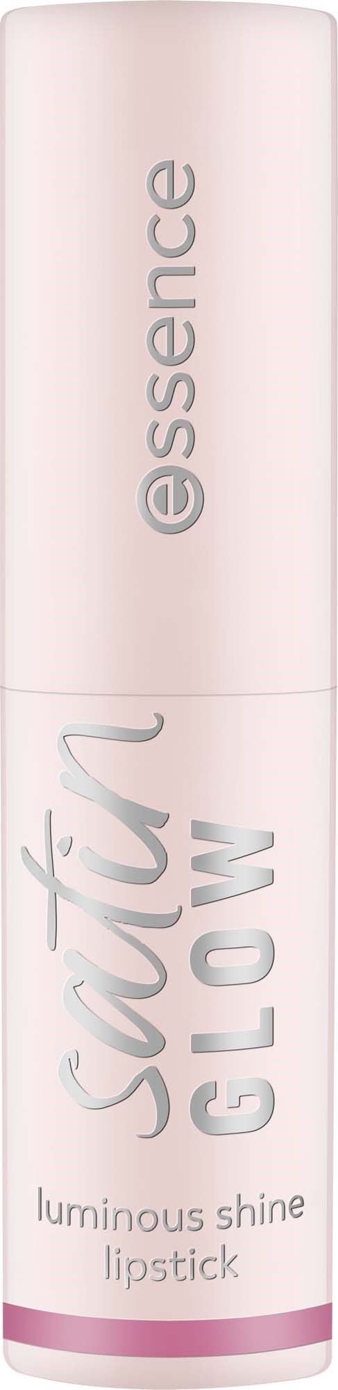 En vit cylindrisk läppstiftstubbe märkt Essence Satin Glow med rosa detaljer och ord.