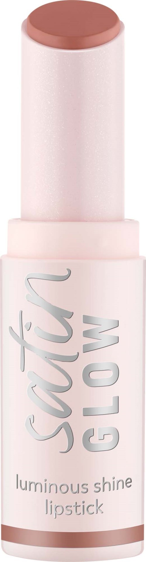 En rosa och vit läppstift med glänsande silvertext som säger Soft Glow och lysande glans.