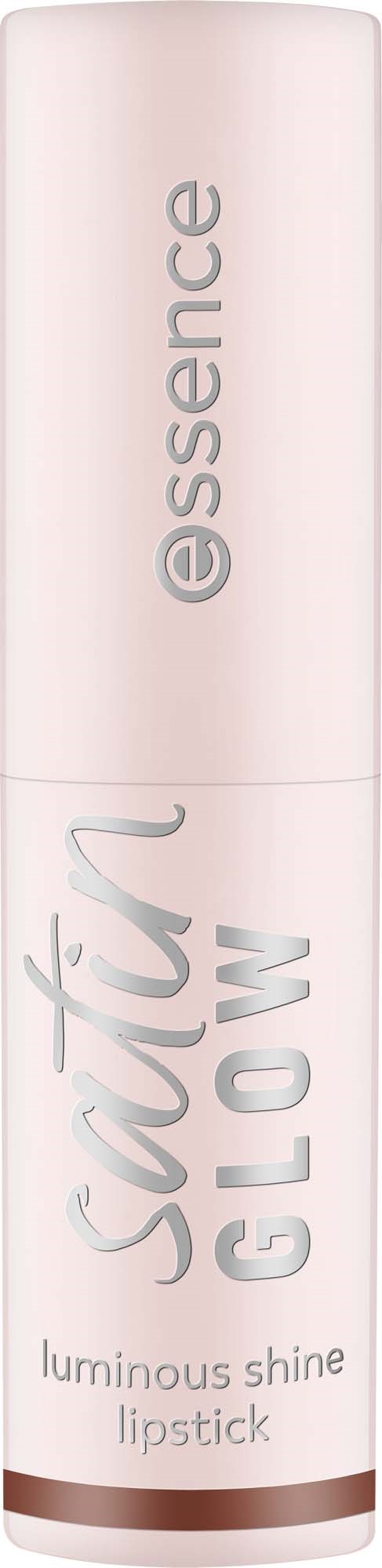 En lång, cylindrisk läppstiftstubbe märkt Satt Glow och essence, med vita och ljusrosa färger och ett brunt band.