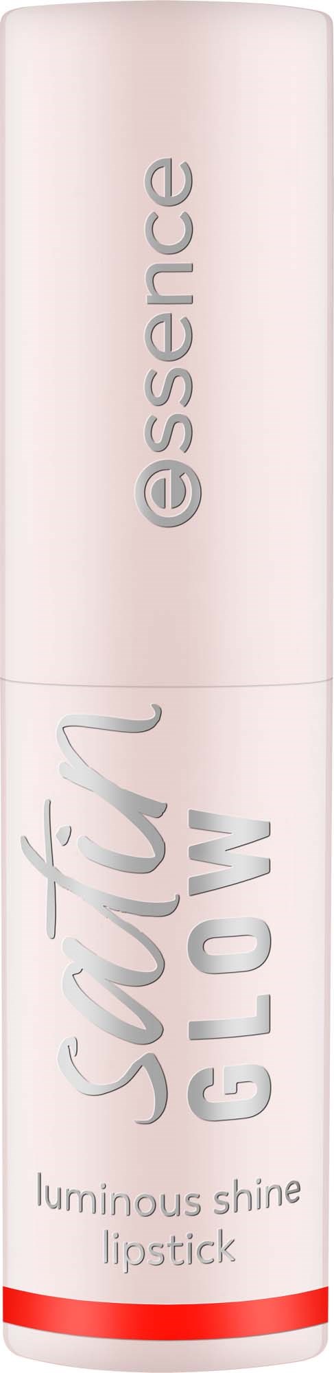 En lång, vit läppstiftshylsa med silver- och röda accenter som säger satin glow och essence.