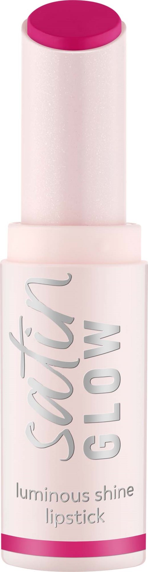 Ett rosa och vitt läppstift med texten 'Satin Glow' och ett ljust rosa tips.