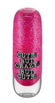 En rosa glittrig flaska med en etikett som säger, "CUTE BUT CRAZY. BUT CUTE.".