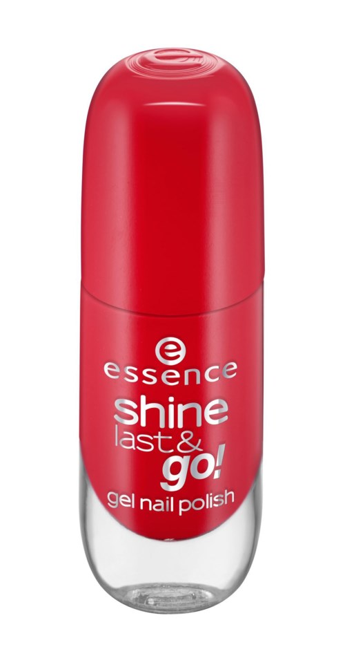 Röd nagellackflaska med vitt text, märkest Essence Shine Last & Go! Gel Nail Polish.