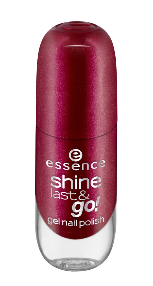 En liten röd och klar flaska med Essence Shine Last & Go! gelnagellack.