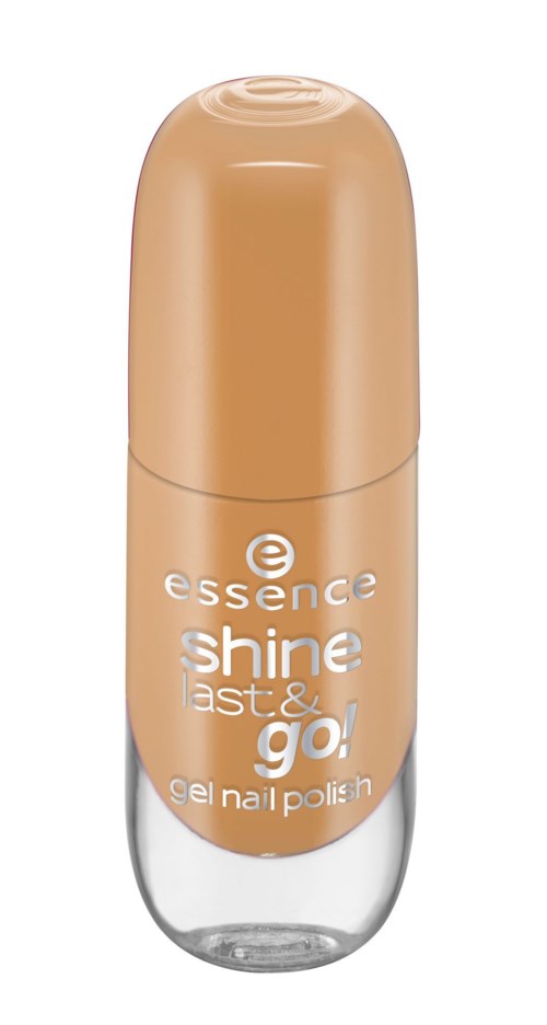 En nagellackflaska i beige färg, märket Essence, och orden Shine, fast & go! tryckta.