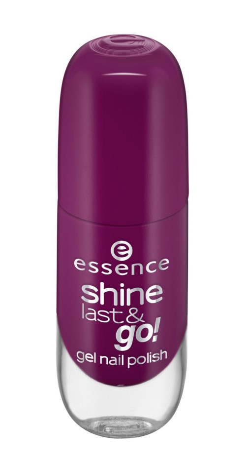 En lila nagellackflaska med en klar botten, märkt 'essence shine last & go! gel nagellack.'