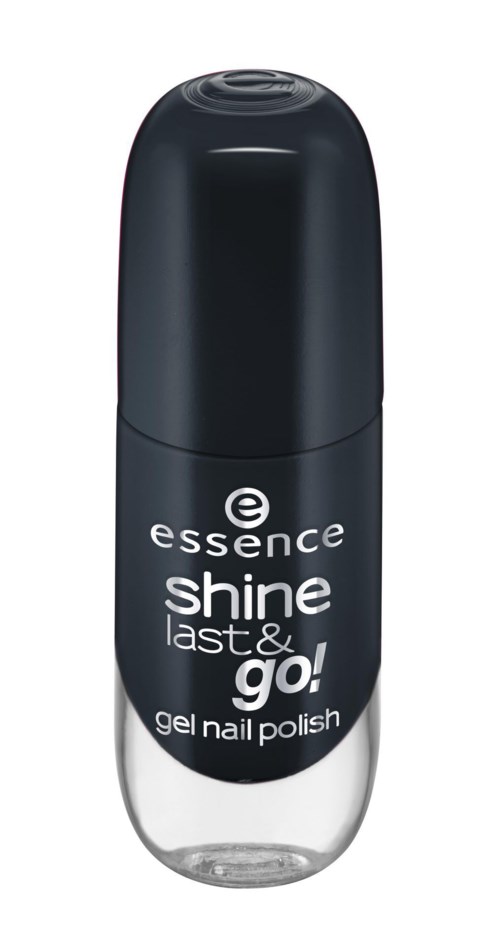 En liten flaska gelnagellack med svart lock och klar botten, märkt 'essence shine last & go!'.