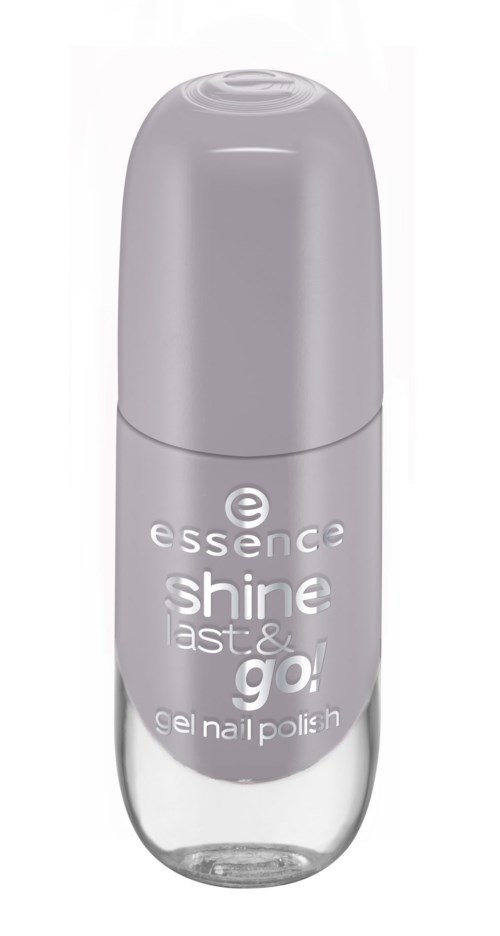 En liten nagellackflaska med silverlock och grå etikett, märkt 'essence shine' och 'gel nagellack.'