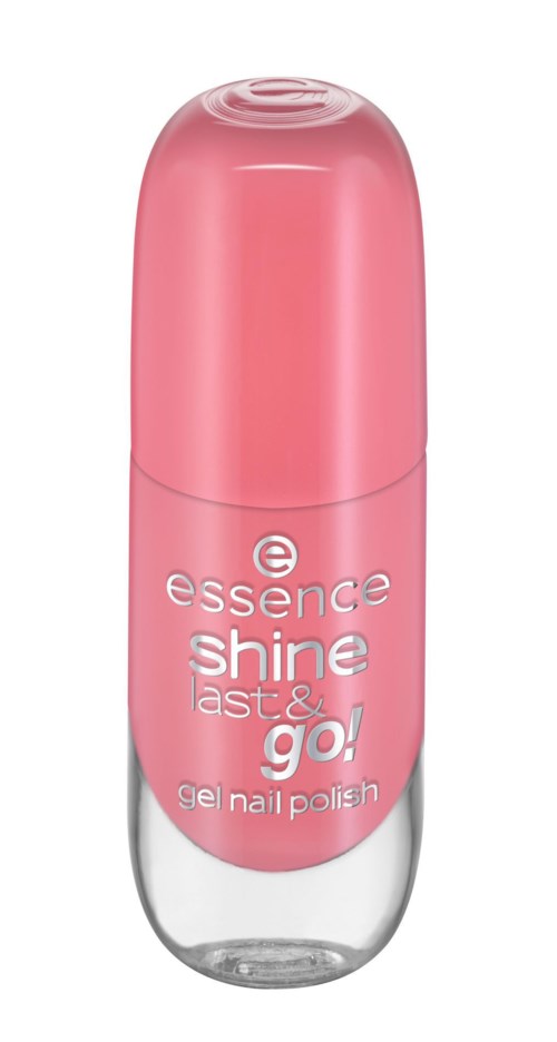En rosa nagellackflaska med klar botten och rosa lock, märkt 'essence shine fast & go! gel nagellack.'