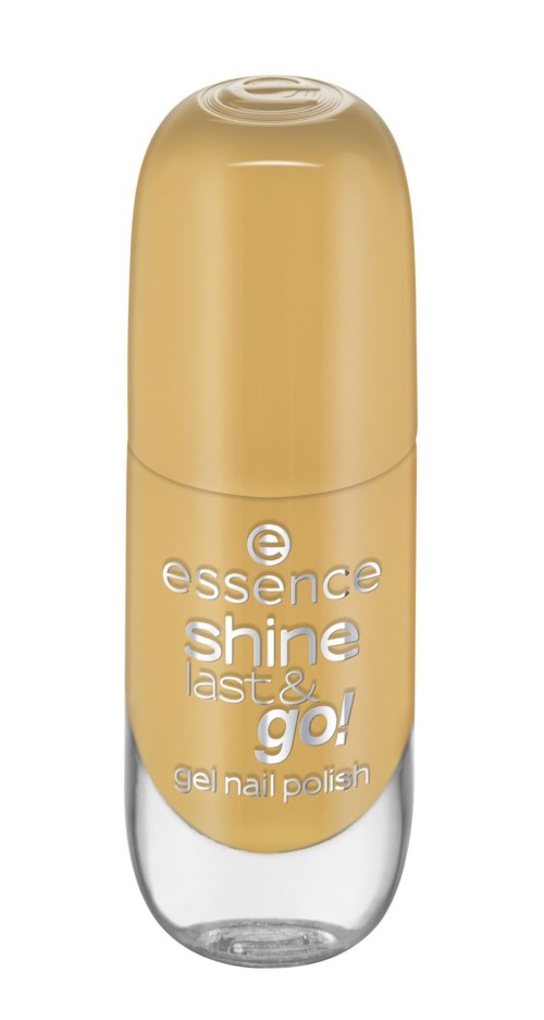 En guldfärgad nagellackflaska med en tydlig botten, märkt 'essence shine last & go! gel nail polish.'