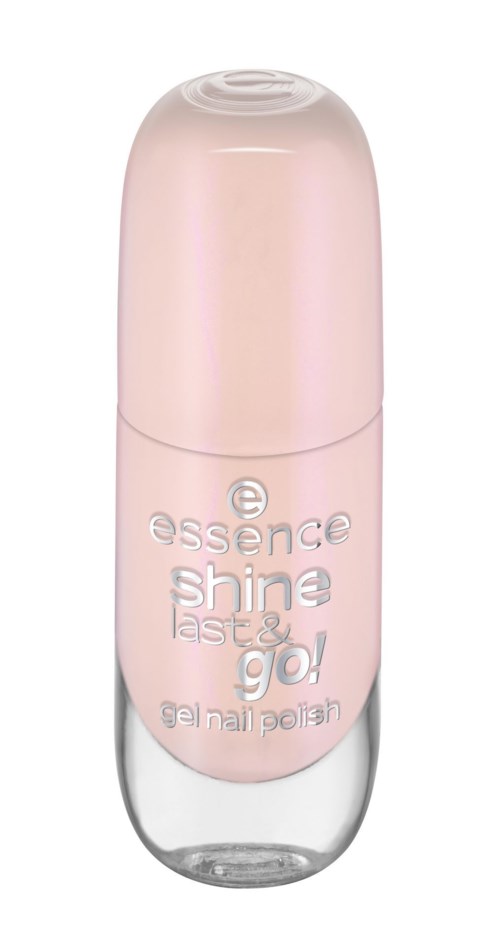En liten, rosa nagellackflaska med klar botten och silvertext på.