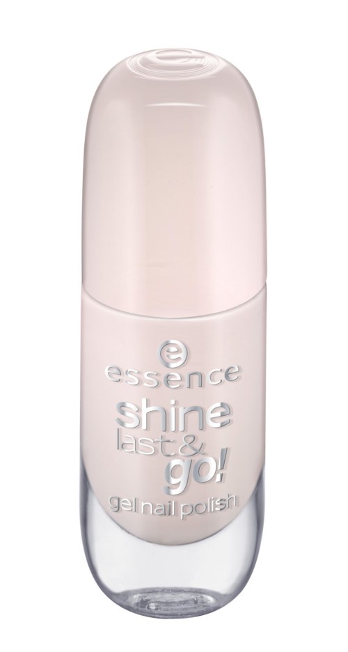 En liten flaska Essence Shine Last & Go! gelnagellack, ljus färg, med rundad kork.