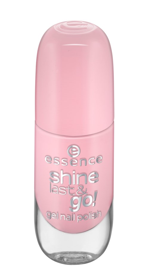 En rosa nagellackflaska med orden "shine, last & go!" skrivet på den.