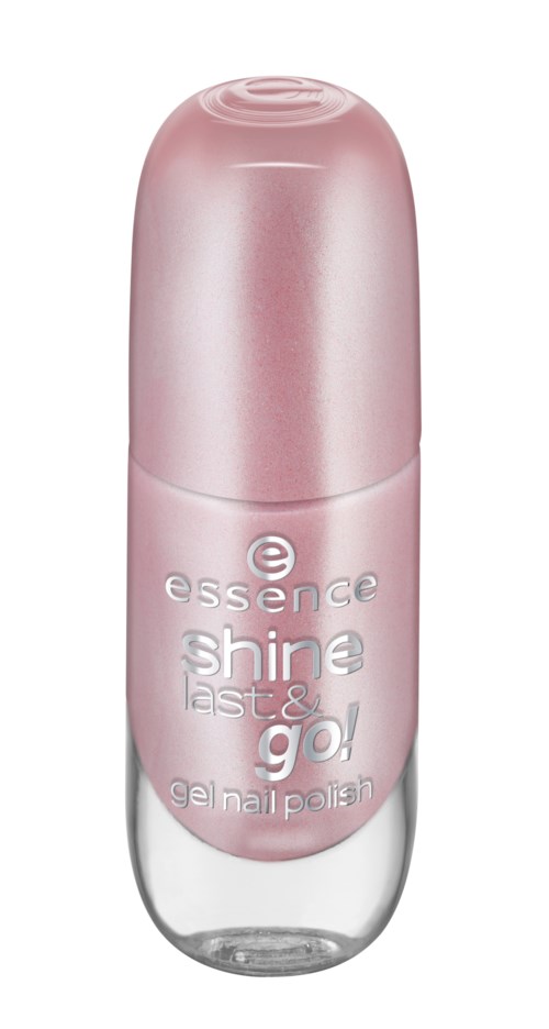 Rosa gelnagellackflaska med orden "shine fast & go!" och "gel nail polish" på den.