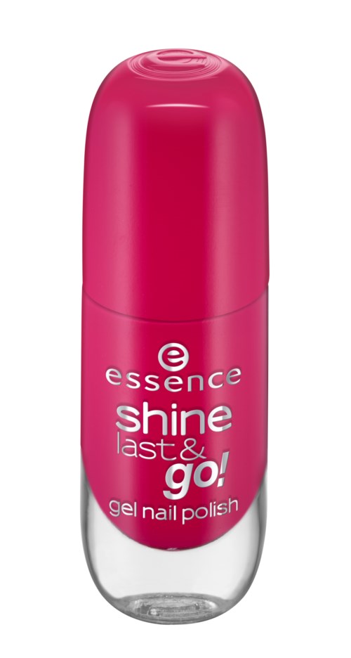 En rosa nagellackflaska med orden 'shine last & go! gel nail polish' på.