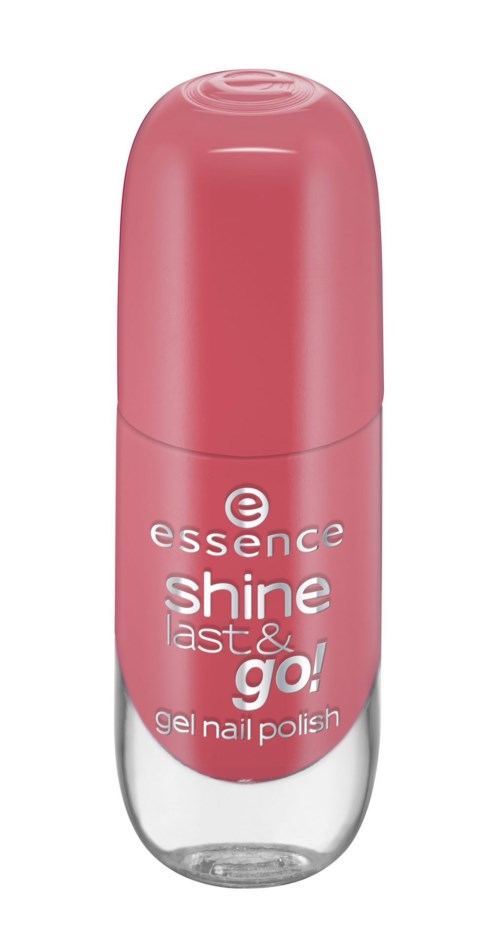Pink nagellackflaska med vit och röd text, märkt som gelnagellack, glans och snabbtorkande.