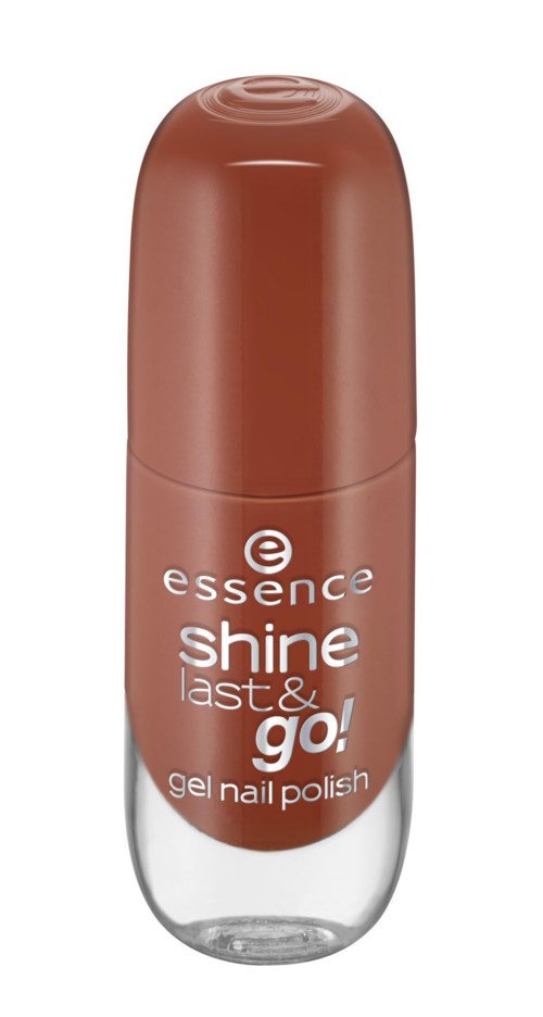 En gelnagellackflaska visas, märkt som essence shine last & go, i en brunt och transparent design.