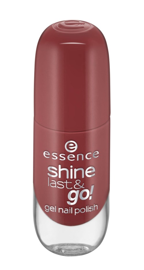 En rosa flaska med Essence Shine Last & Go! gelnagellack. Den har en klar botten och rosa lock.